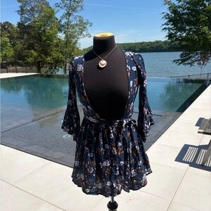 American Eagle Floral Wrap Top XXS Boho Bell Sleeve Tie Waist